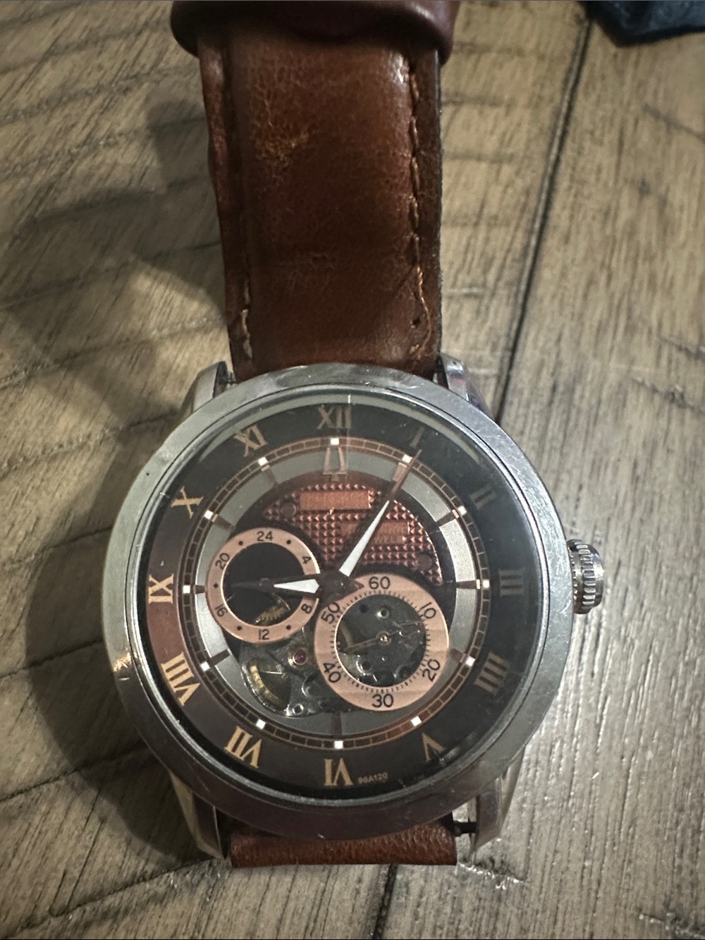 Brown bulova 21 jewel Leather Men’s Watch with Skeleton Dial